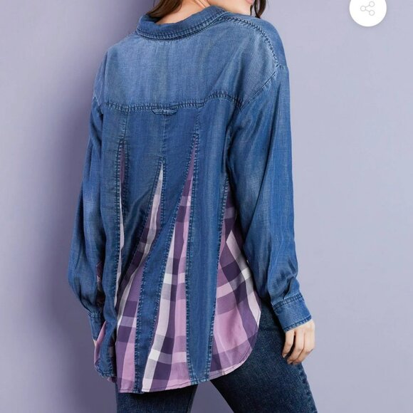 Billy T Love You To Pieces Shirt Women XL Blue Purple Chambray Denim Plaid Boho - Picture 8 of 15